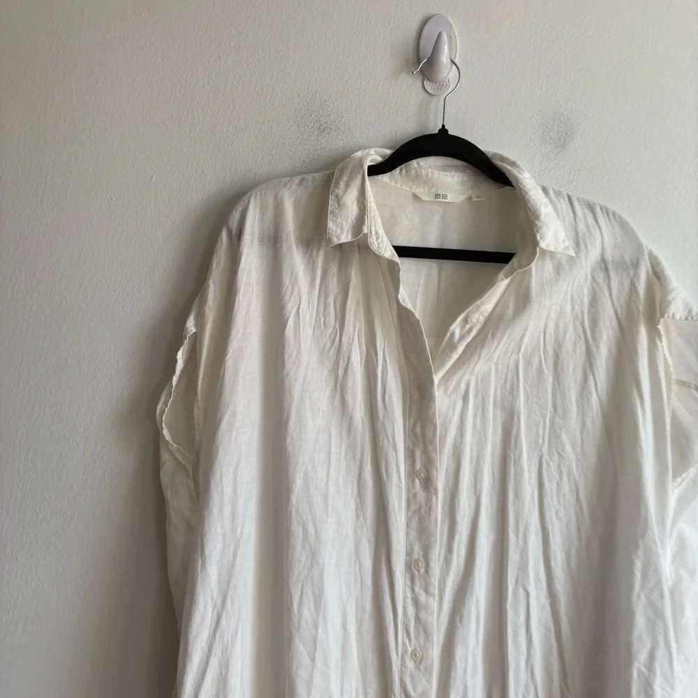 Uniqlo Sz XS Relaxed Oversized Linen Blend White Button Front Shirt Midi Dress - Picture 3 of 12